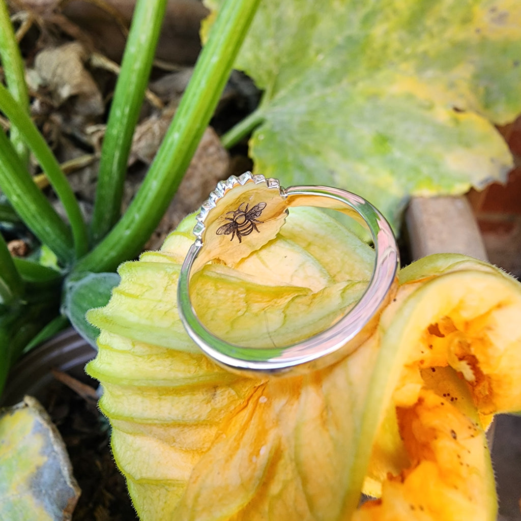 Sterling silver handcrafted Flower ring with engraved bee detail inside, Free UK post. Size R but can be altered
