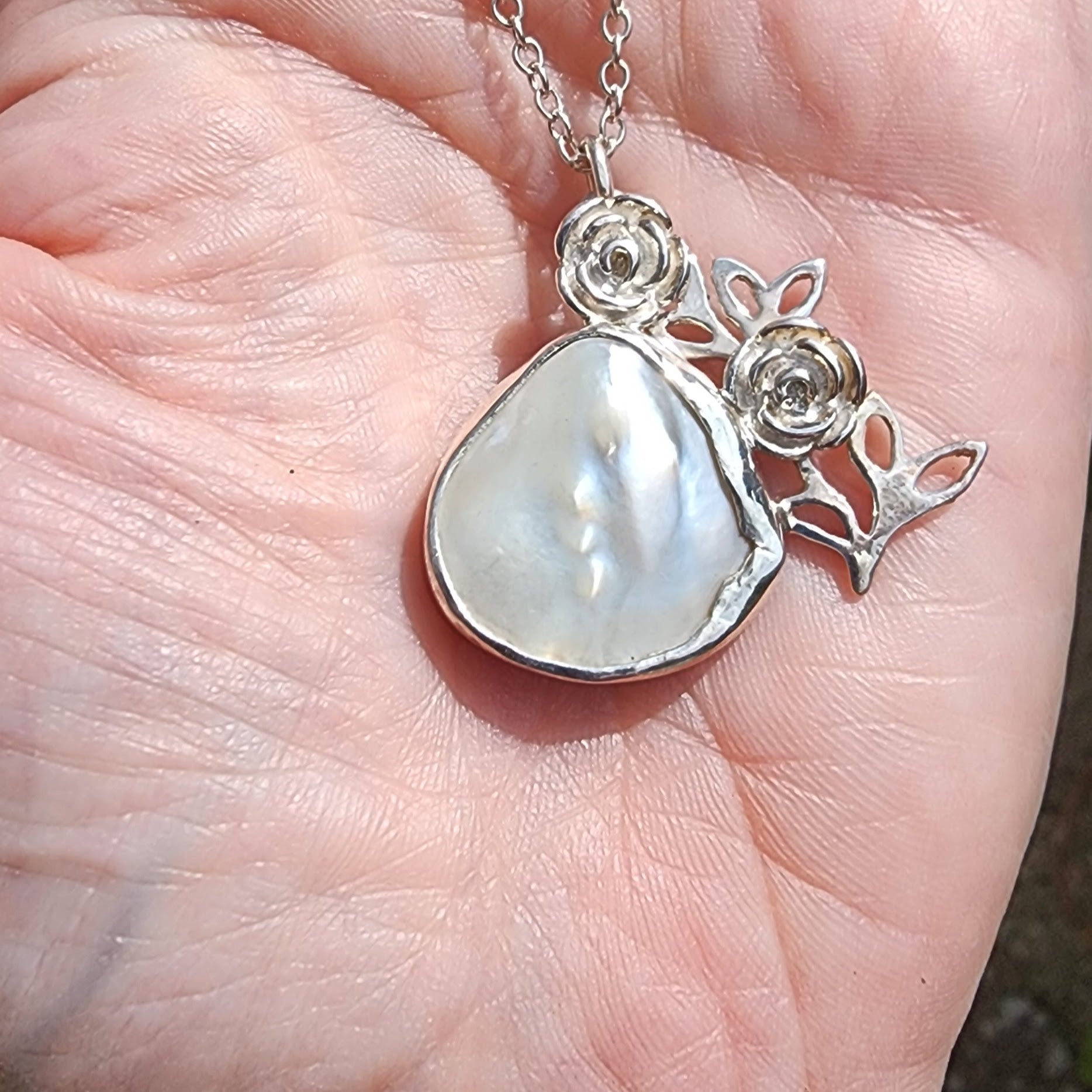Silver Mother of Pearl and Rose pendant, Mother of pearl, Sterling silver, Climbing roses, rose lover gift, Free uk postage
