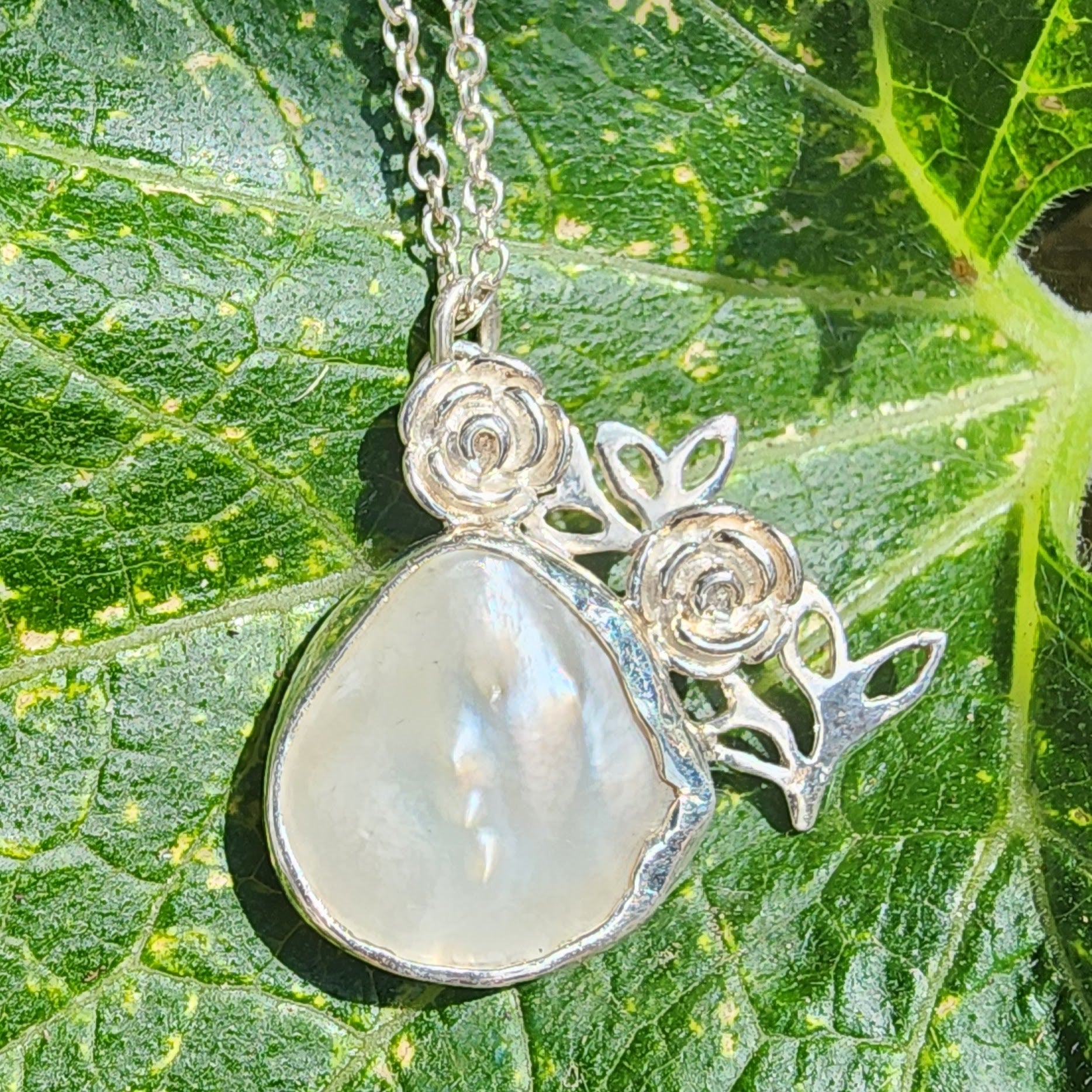 Silver Mother of Pearl and Rose pendant, Mother of pearl, Sterling silver, Climbing roses, rose lover gift, Free uk postage