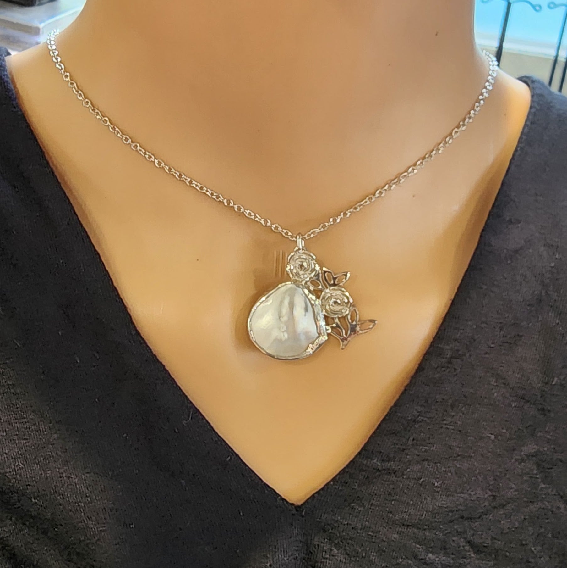 Silver Mother of Pearl and Rose pendant, Mother of pearl, Sterling silver, Climbing roses, rose lover gift, Free uk postage