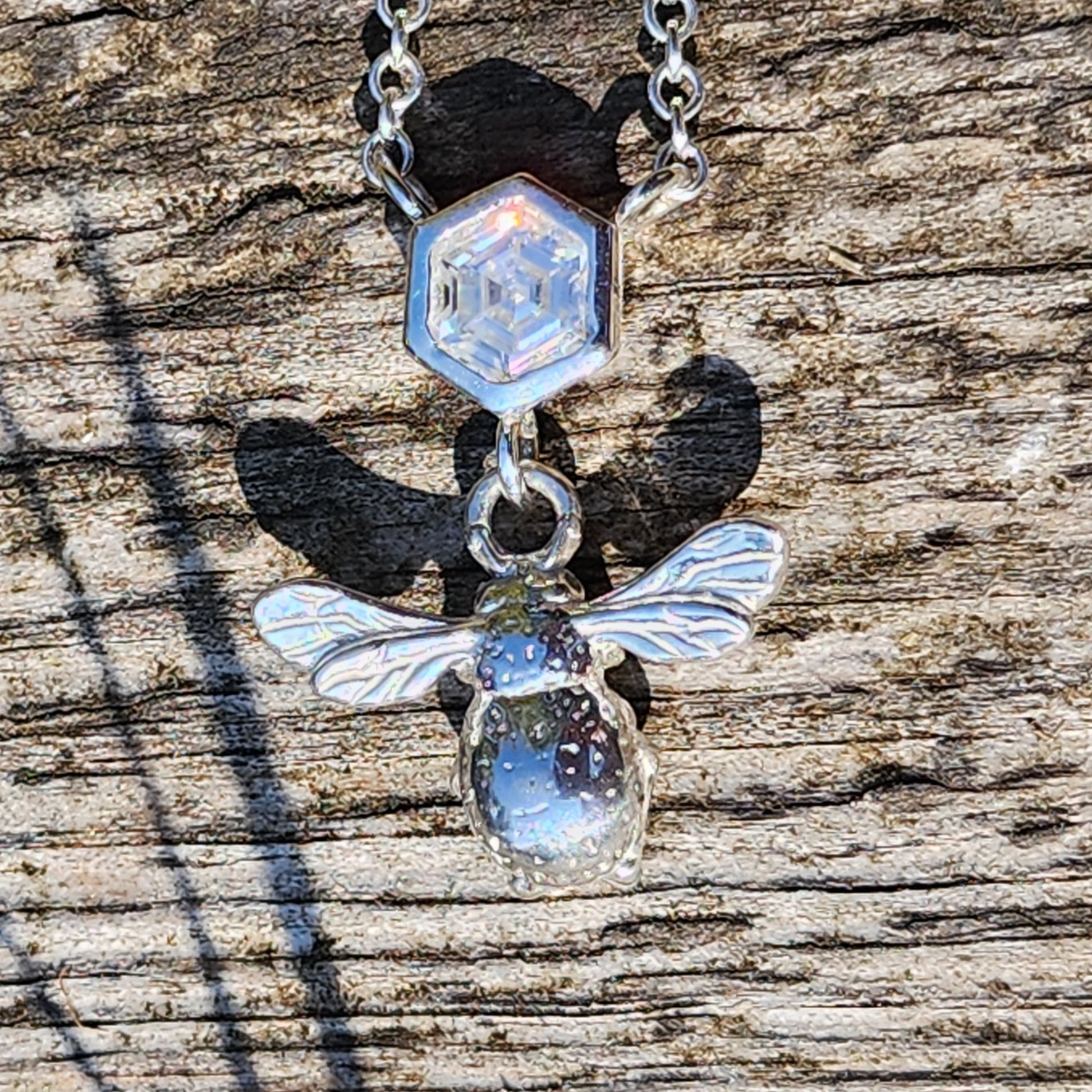 Silver bee pendant, Moissanite, honeycomb, summer jewellery, insect necklace, adjustable chain, ladies gift, birthday, anniversary, thankyou