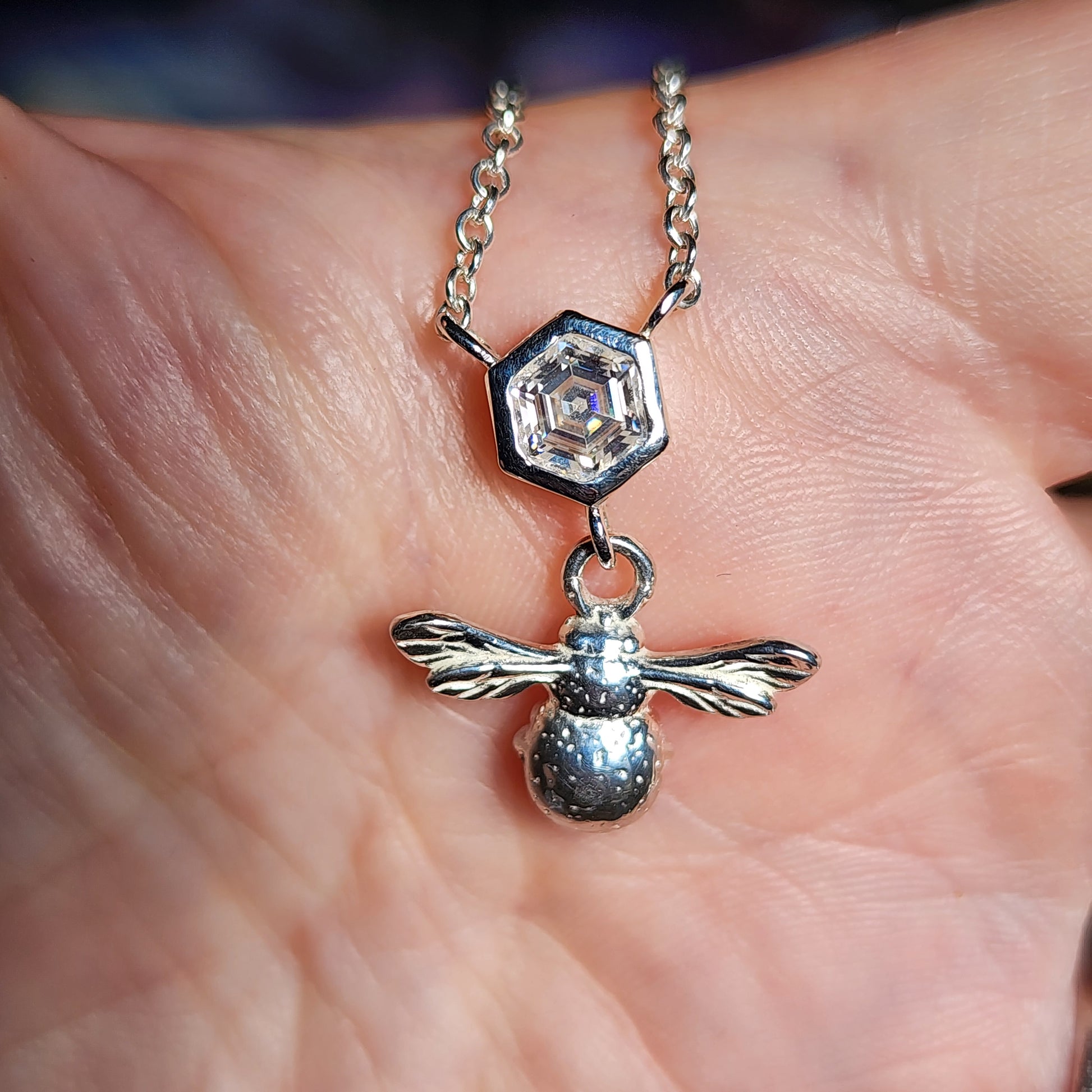 Silver bee pendant, Moissanite, honeycomb, summer jewellery, insect necklace, adjustable chain, ladies gift, birthday, anniversary, thankyou
