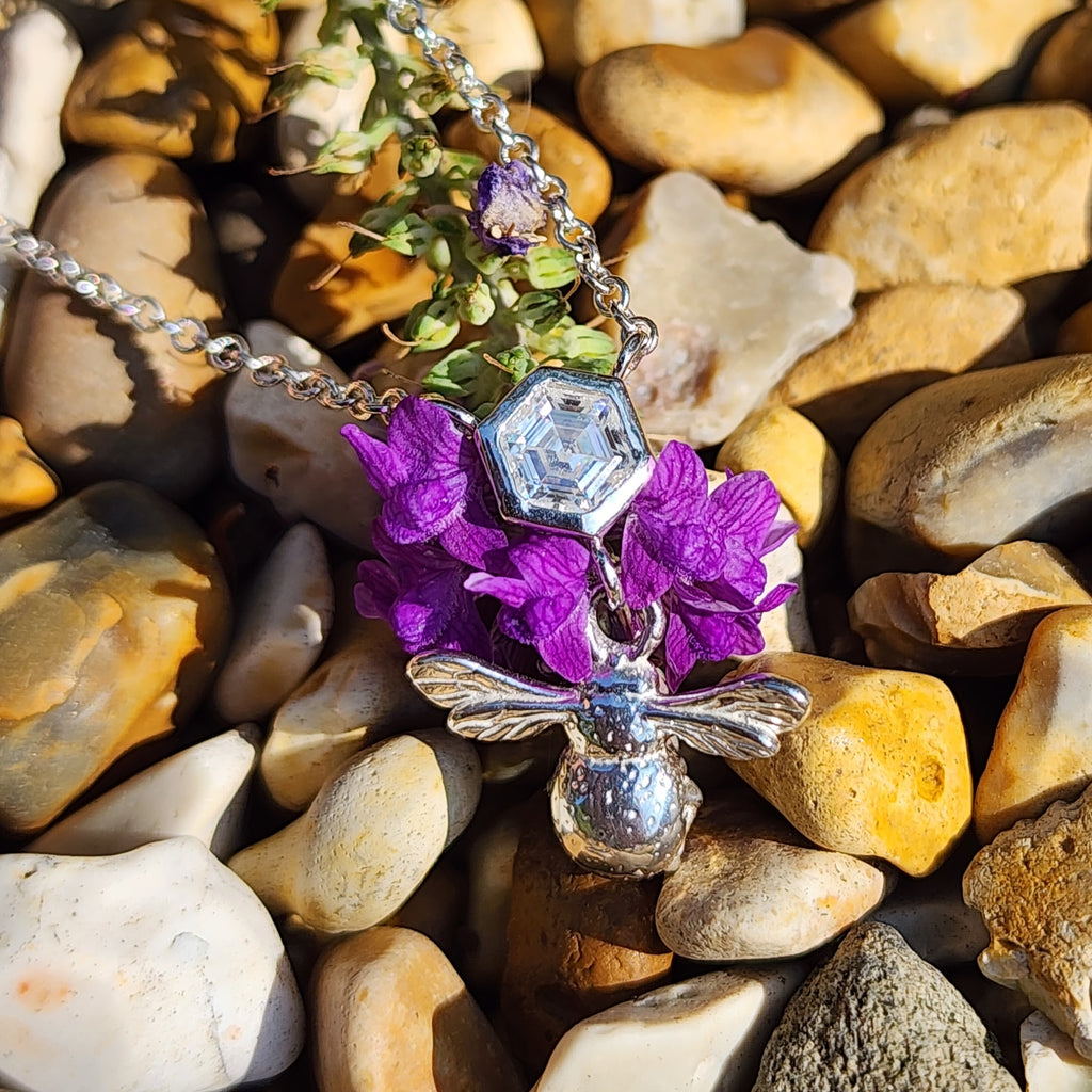 Silver bee pendant, Moissanite, honeycomb, summer jewellery, insect necklace, adjustable chain, ladies gift, birthday, anniversary, thankyou