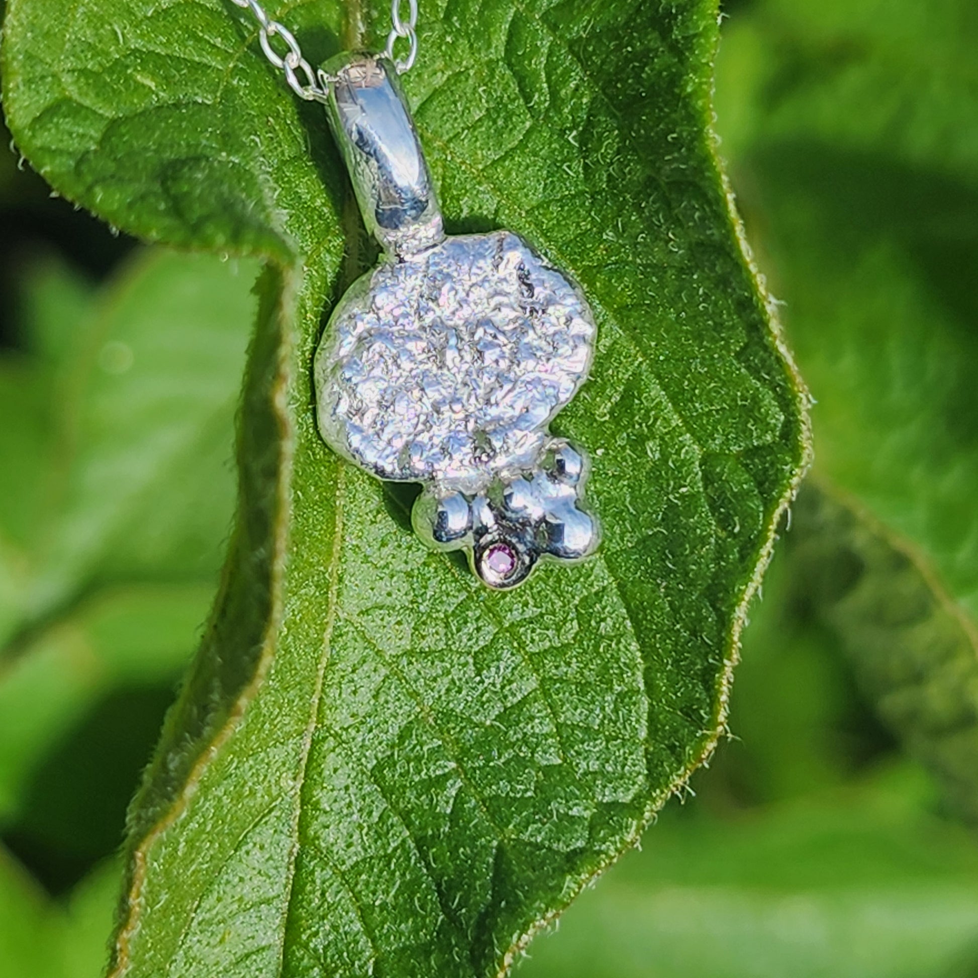 Dainty silver pendant with gold bead and purple diamond, on fine 18" silver trace chain. Full Hallmarks and Free UK Postage