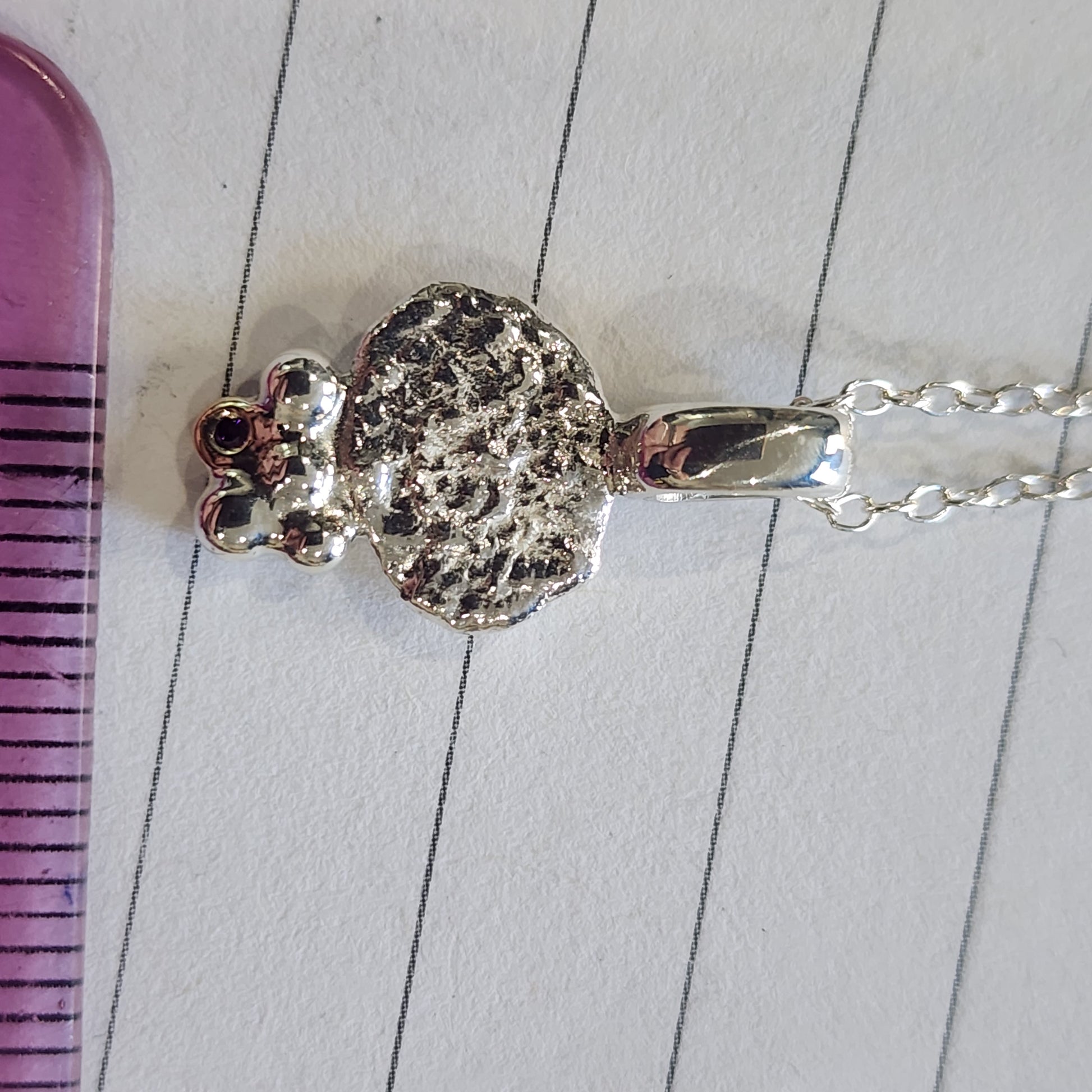 Dainty silver pendant with gold bead and purple diamond, on fine 18" silver trace chain. Full Hallmarks and Free UK Postage