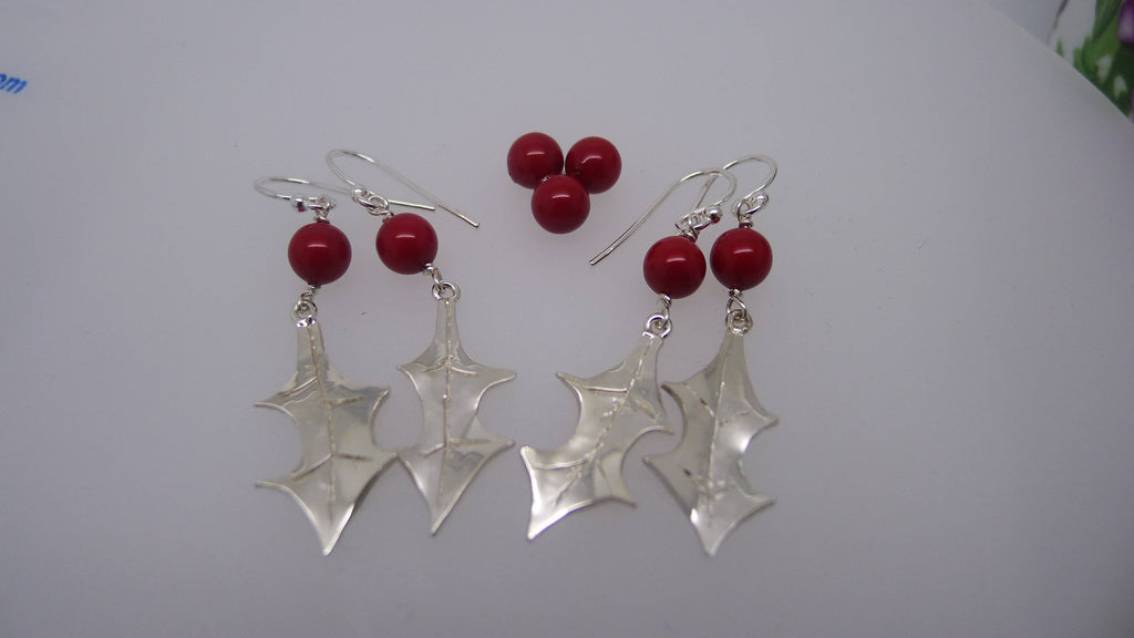 Handmade Sterling Silver Holly Leaf Earrings, Swarovski Berry Jewelry, stocking filler