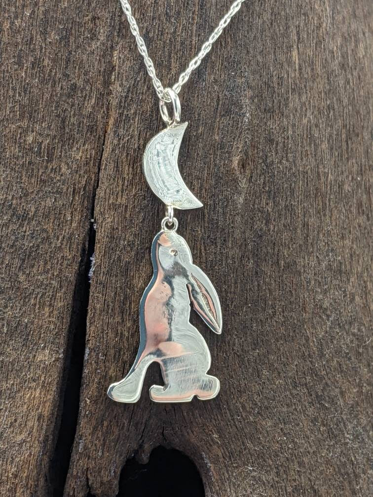 Moongazing hare pendant, Pagan jewellery, Pagan gift, new beginnings, Handcrafted silver pendant, Rabbit gift, bunny jewelry, eostre