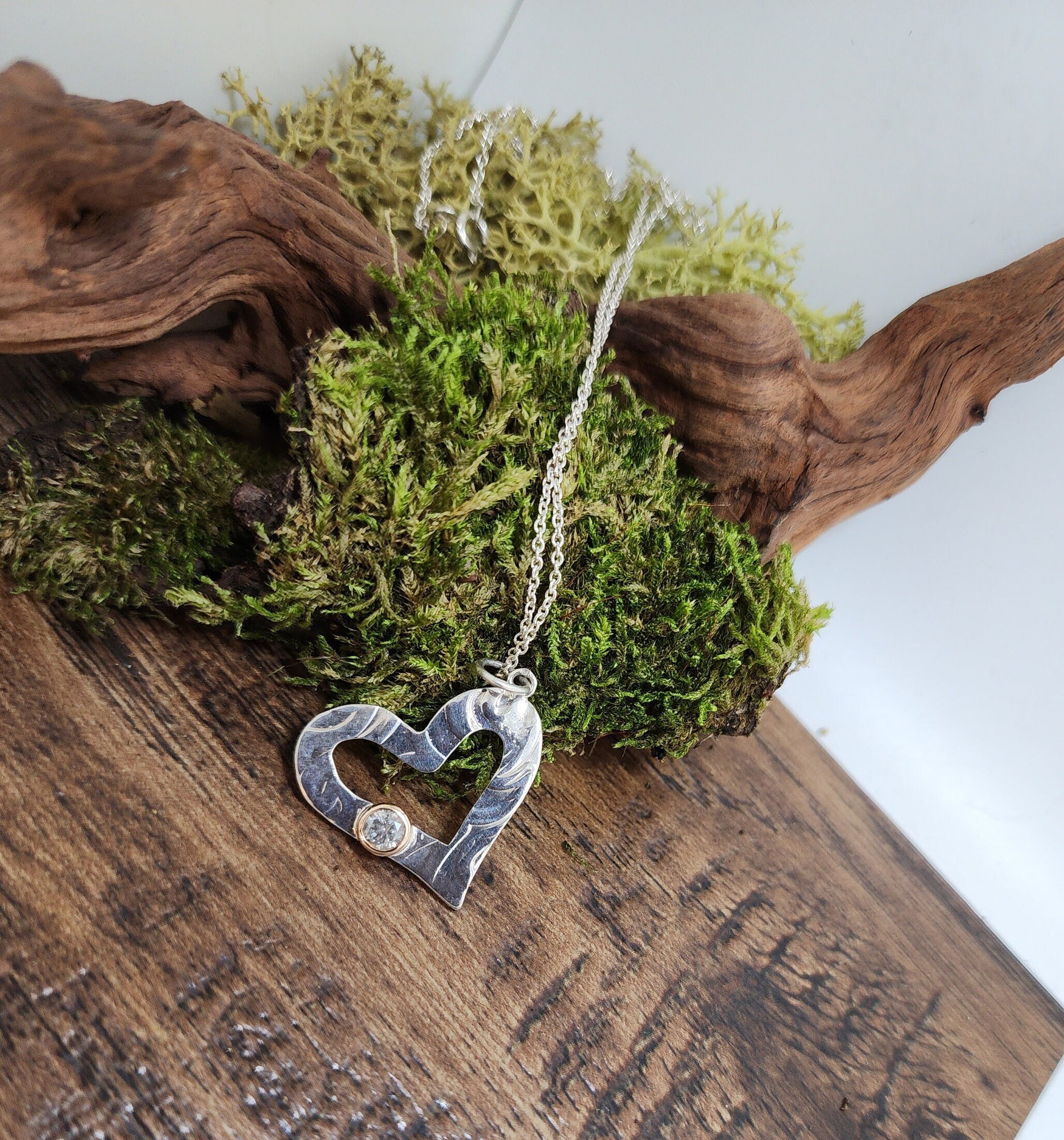 Silver textured open heart pendant with salt and pepper diamond, Diamond pendant, Christmas Gift, April Birthstone, Handmade, Birthday, Ready to post