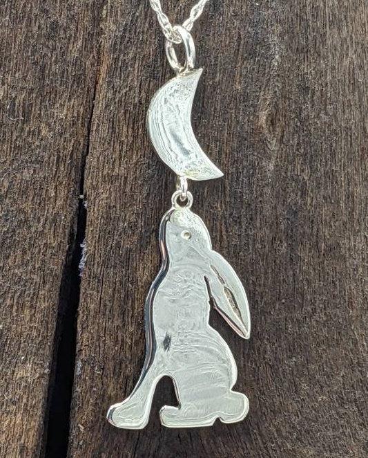 Moongazing hare pendant, Pagan jewellery, Pagan gift, new beginnings, Handcrafted silver pendant, Rabbit gift, bunny jewelry, eostre