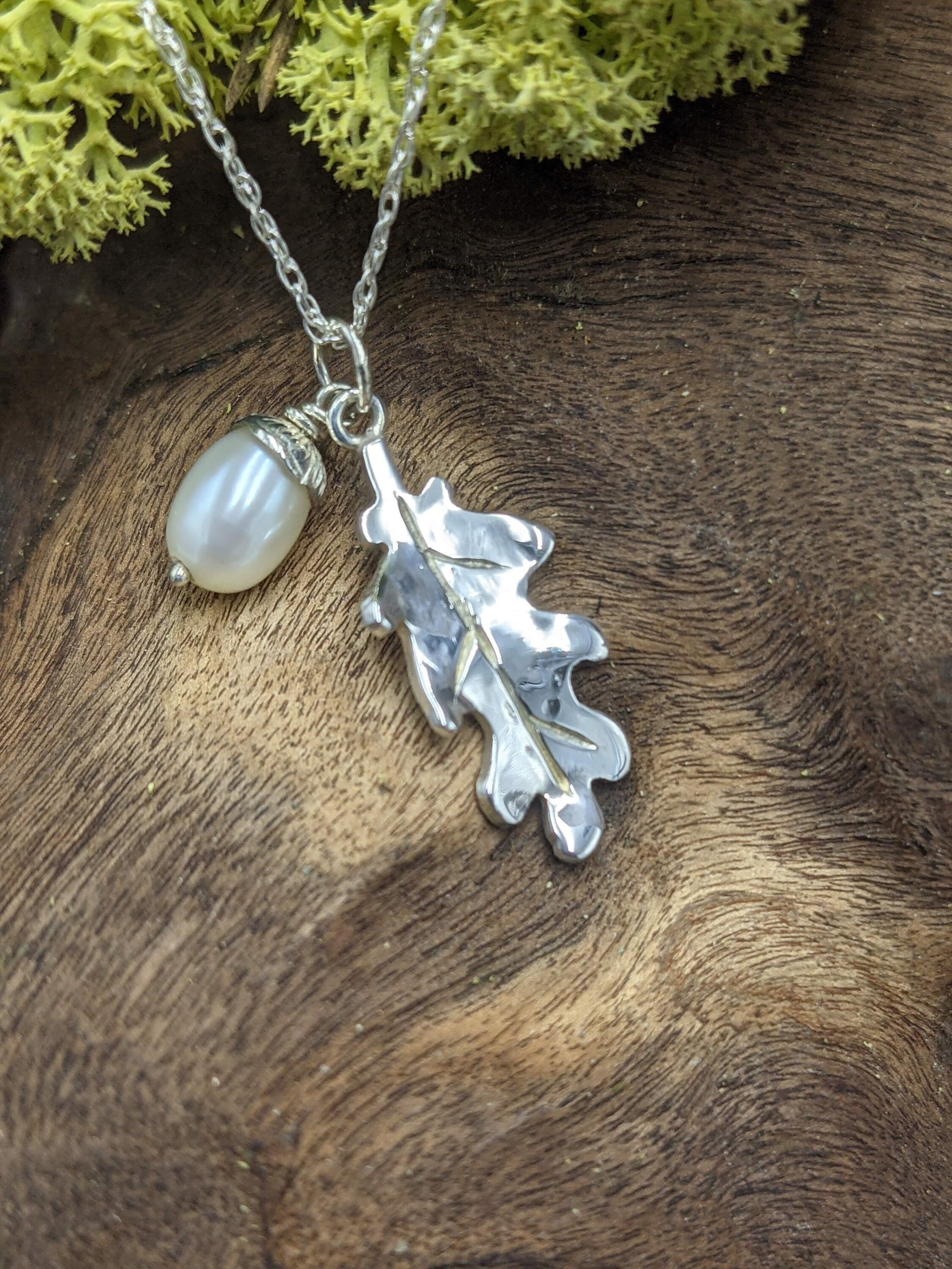 Handmade silver Oak leaf with Pearl Acorn, made to order, Sterling silver pendant, freshwater pearl, anniversary gift, pagan gift, new life, Mum, Ren faire