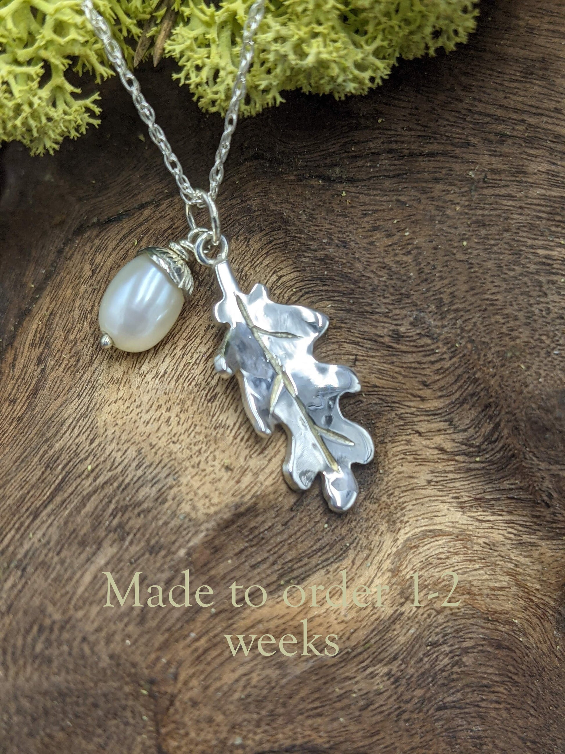 Handmade silver Oak leaf with Pearl Acorn, Made to order, Sterling silver pendant, freshwater pearl, anniversary gift, pagan gift, new life, Mum, Ren faire