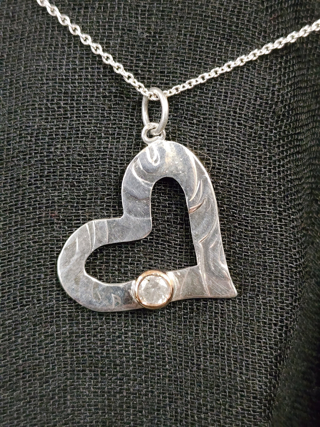 Silver textured open heart pendant with salt and pepper diamond, Diamond pendant, Christmas Gift, April Birthstone, Handmade, Birthday, Ready to post