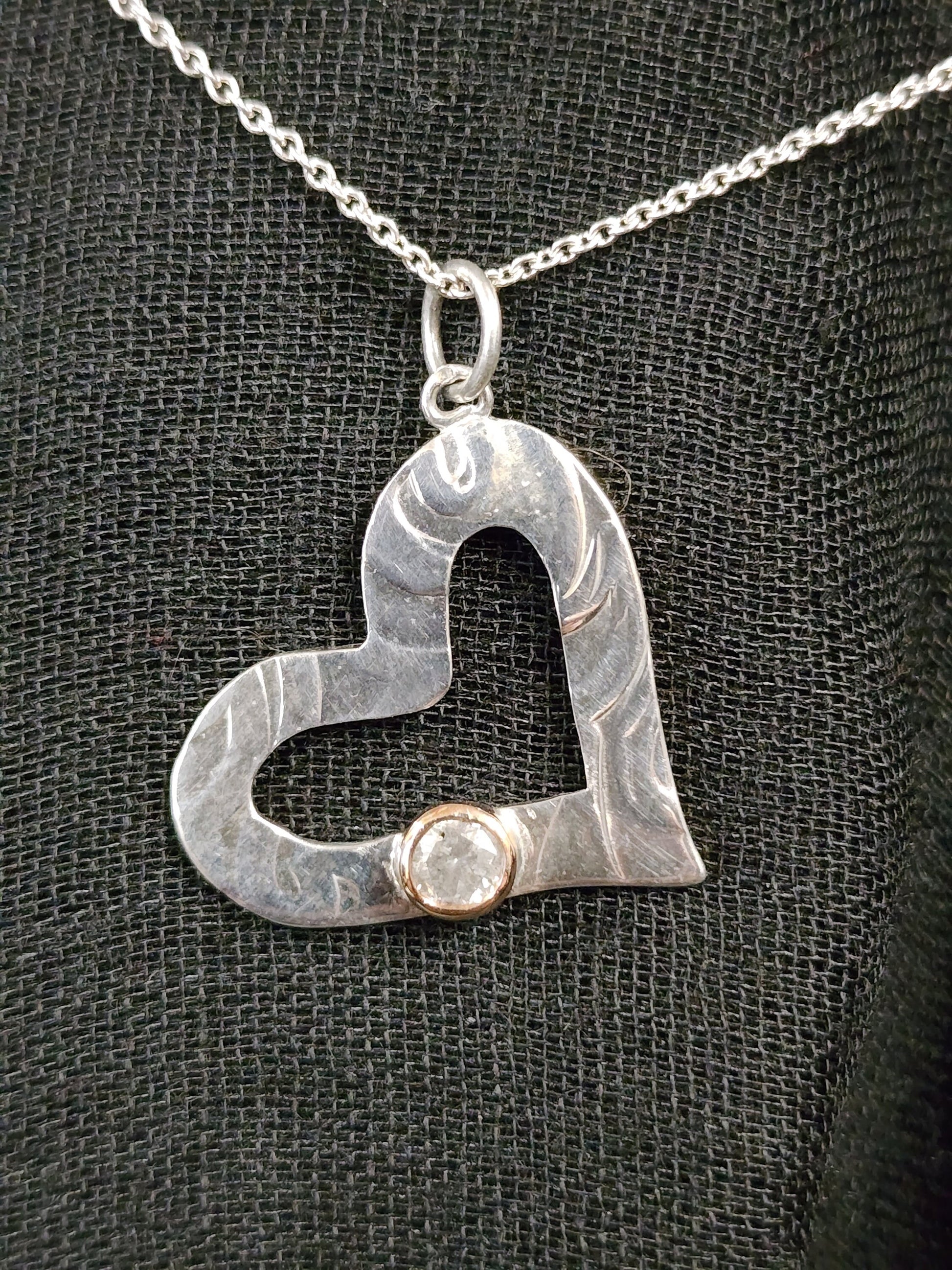 Silver textured open heart pendant with salt and pepper diamond, Diamond pendant, Christmas Gift, April Birthstone, Handmade, Birthday, Ready to post