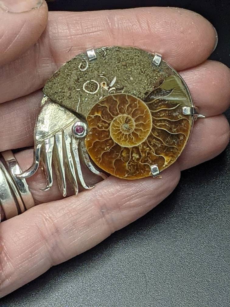 Sterling Silver Ammonite Brooch with Ruby Eye, Fossil Jewelry, in stock and ready to post