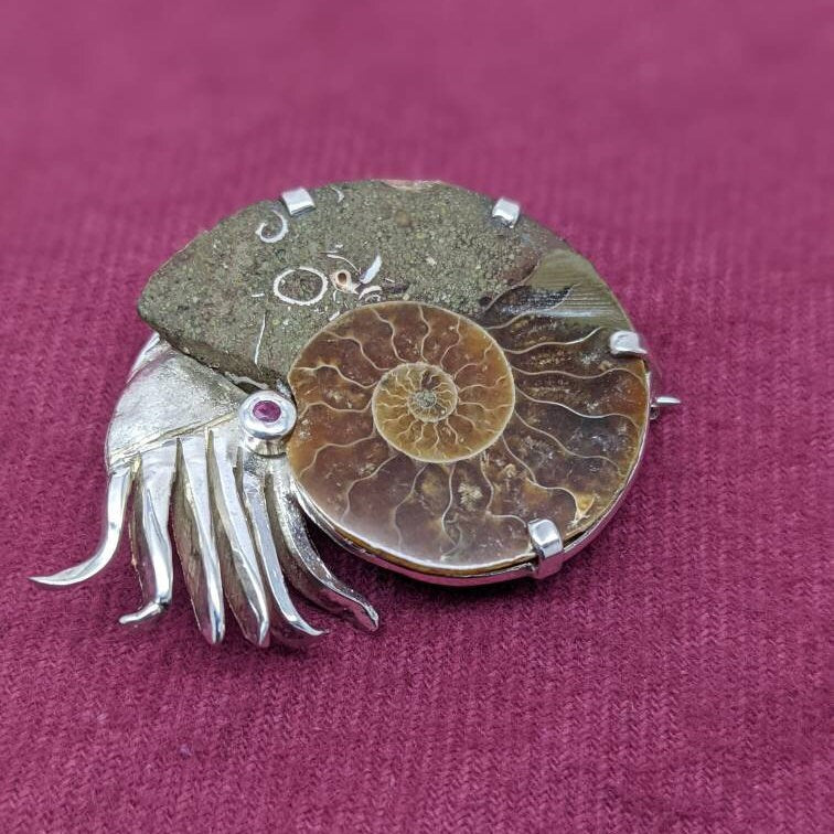 Sterling Silver Ammonite Brooch with Ruby Eye, Fossil Jewelry, in stock and ready to post