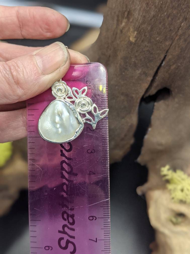 Handmade Mother of Pearl Pendant, Climbing Rose Silver Necklace