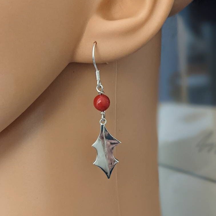 Handmade Sterling Silver Holly Leaf Earrings, Swarovski Berry Jewelry, stocking filler