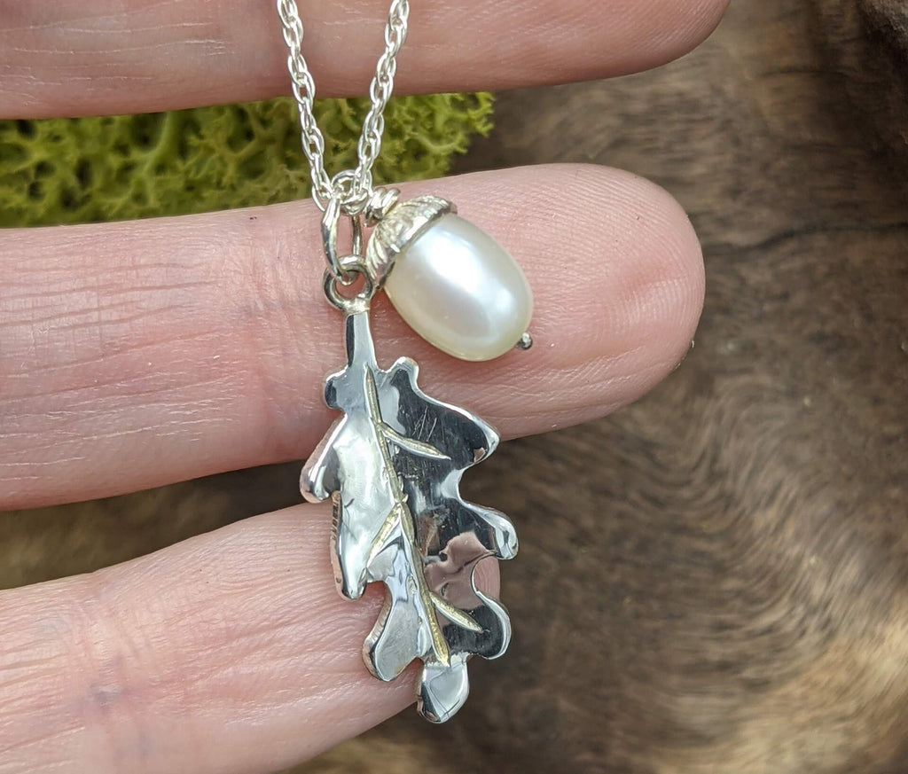 Handmade silver Oak leaf with Pearl Acorn, made to order, Sterling silver pendant, freshwater pearl, anniversary gift, pagan gift, new life, Mum, Ren faire