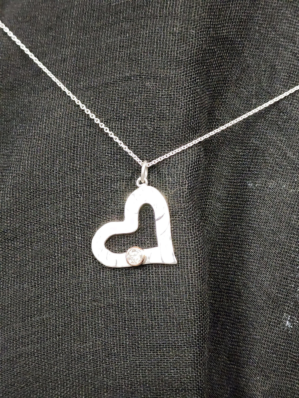 Silver textured open heart pendant with salt and pepper diamond, Diamond pendant, Christmas Gift, April Birthstone, Handmade, Birthday, Ready to post