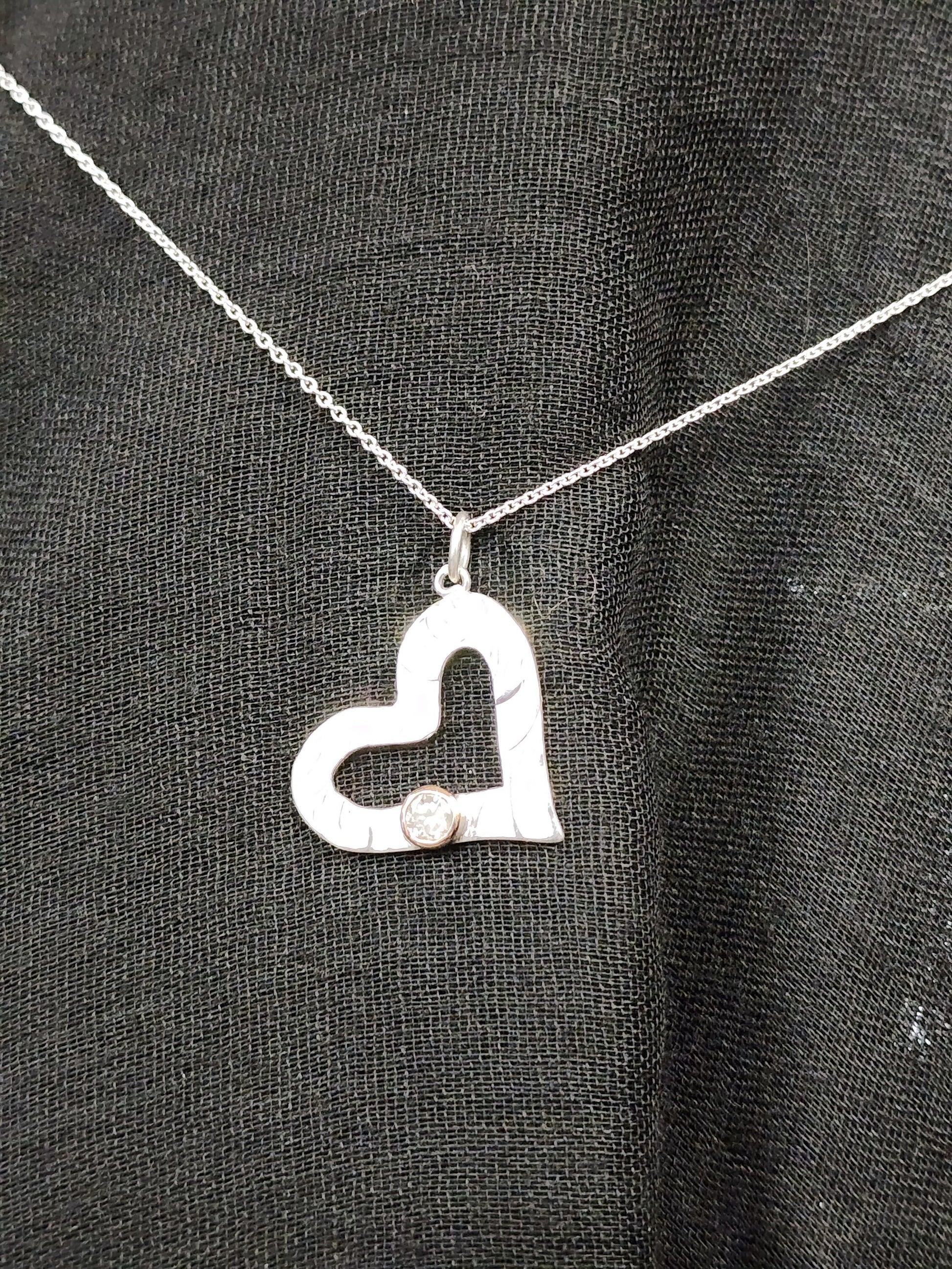 Silver textured open heart pendant with salt and pepper diamond, Diamond pendant, Christmas Gift, April Birthstone, Handmade, Birthday, Ready to post