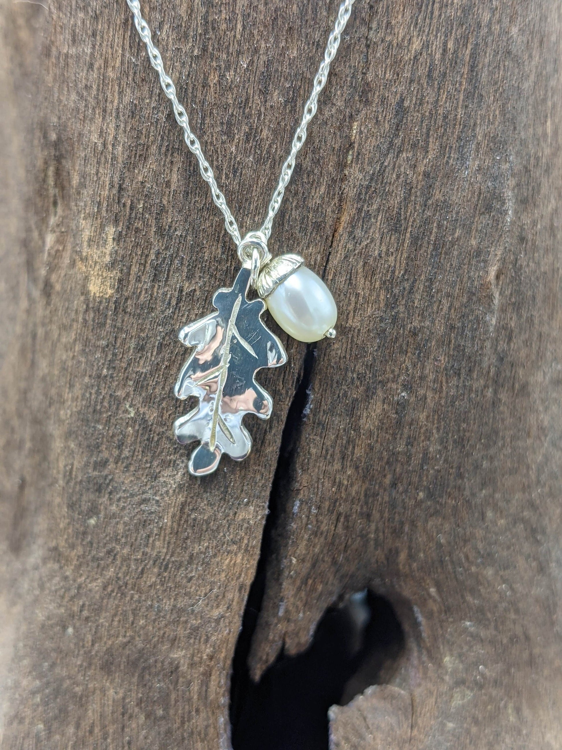 Handmade silver Oak leaf with Pearl Acorn, made to order, Sterling silver pendant, freshwater pearl, anniversary gift, pagan gift, new life, Mum, Ren faire