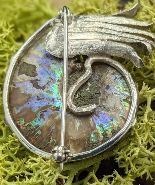 Sterling Silver Ammonite Brooch with Ruby Eye, Fossil Jewelry, in stock and ready to post