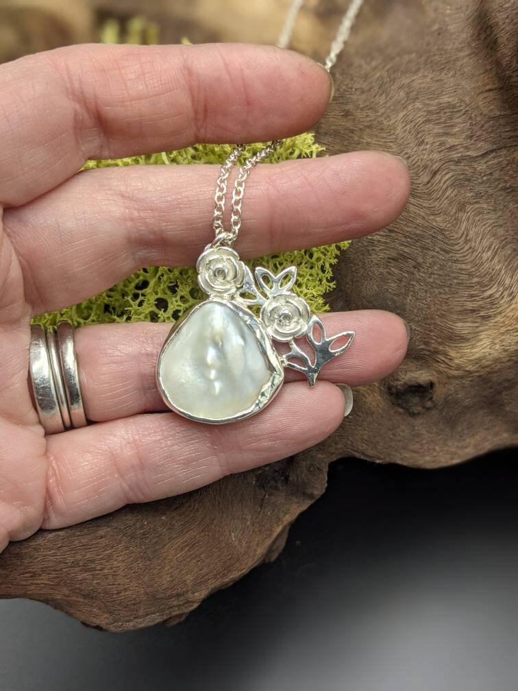 Handmade Mother of Pearl Pendant, Climbing Rose Silver Necklace
