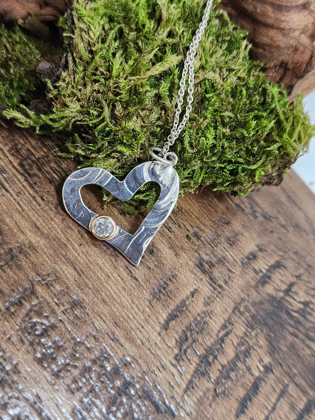 Silver textured open heart pendant with salt and pepper diamond, Diamond pendant, Christmas Gift, April Birthstone, Handmade, Birthday, Ready to post