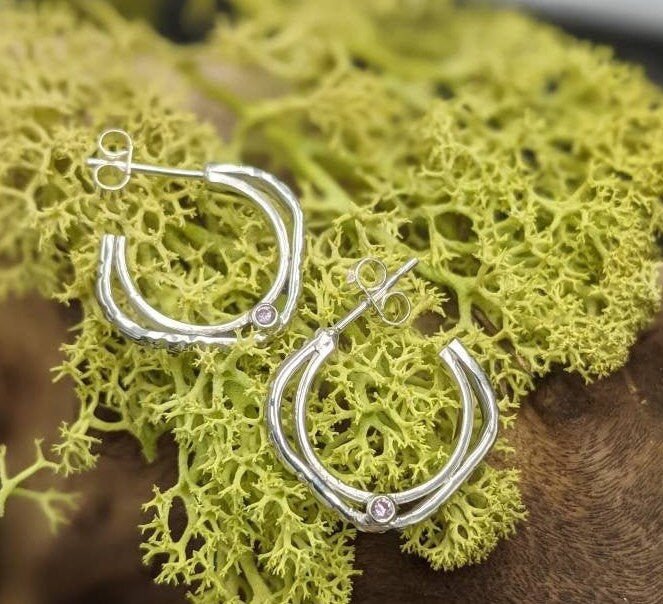 Silver Frame Hoop Earrings, Recycled Silver, Cubic Zirconia