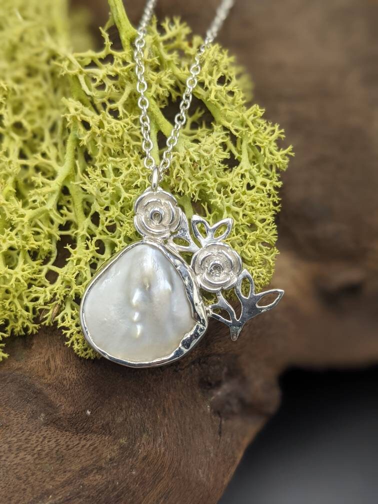 Handmade Mother of Pearl Pendant, Climbing Rose Silver Necklace