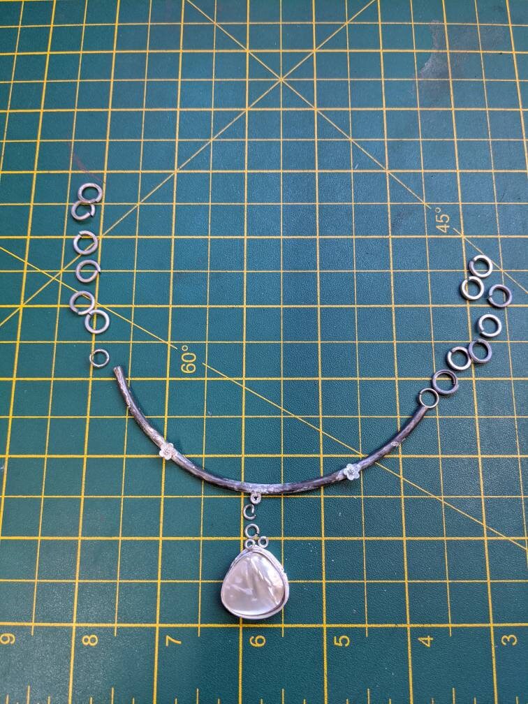 Mother of Pearl Sterling Silver Necklace, One of a Kind, In stock, Green Pearl Flower Collar