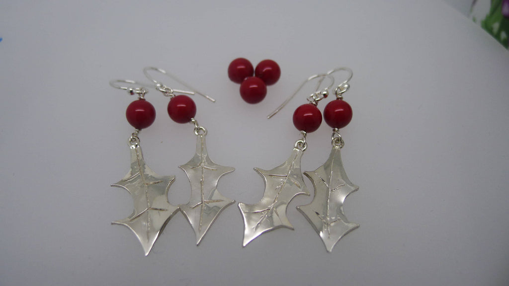 Handmade Sterling Silver Holly Leaf Earrings, Swarovski Berry Jewelry, stocking filler