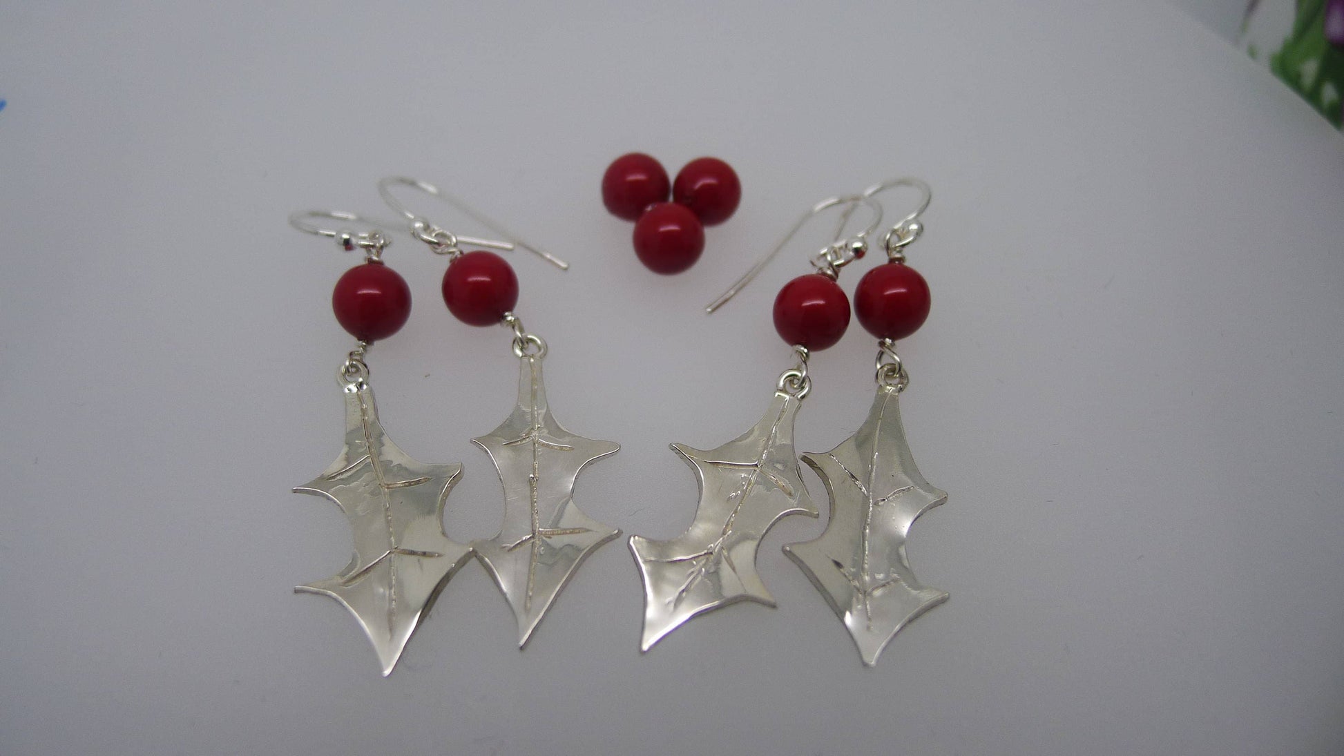 Handmade Sterling Silver Holly Leaf Earrings, Swarovski Berry Jewelry, stocking filler