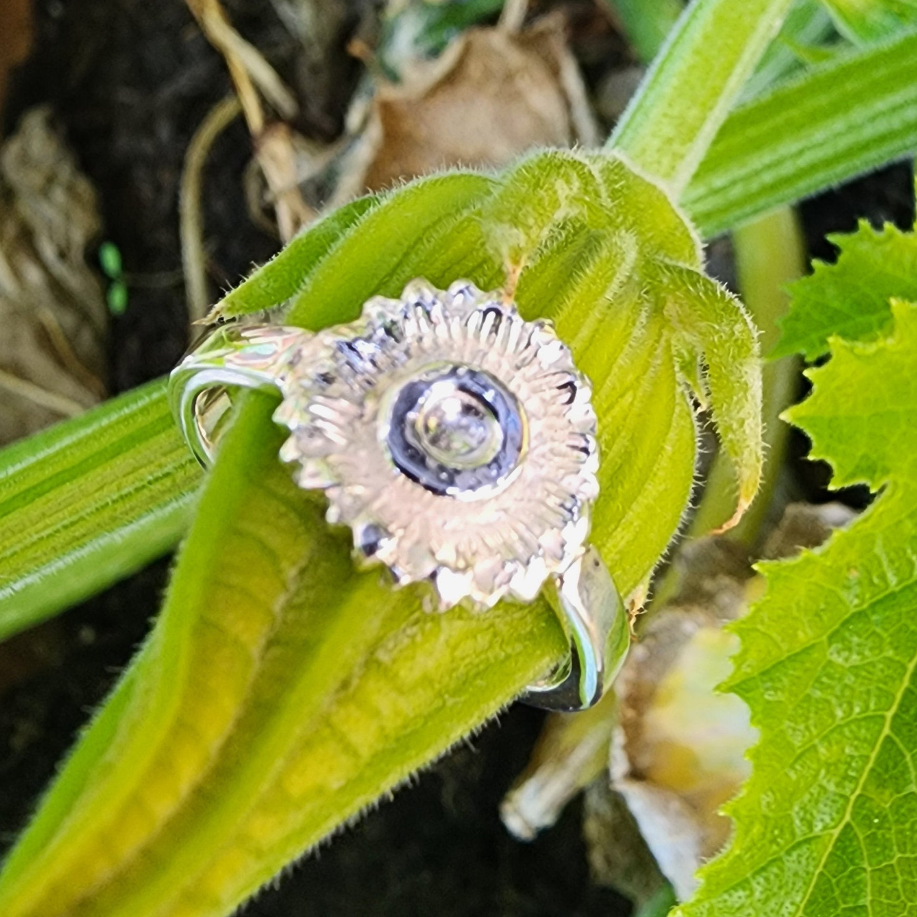 Sterling silver handcrafted Flower ring with engraved bee detail inside, Free UK post. Size R but can be altered