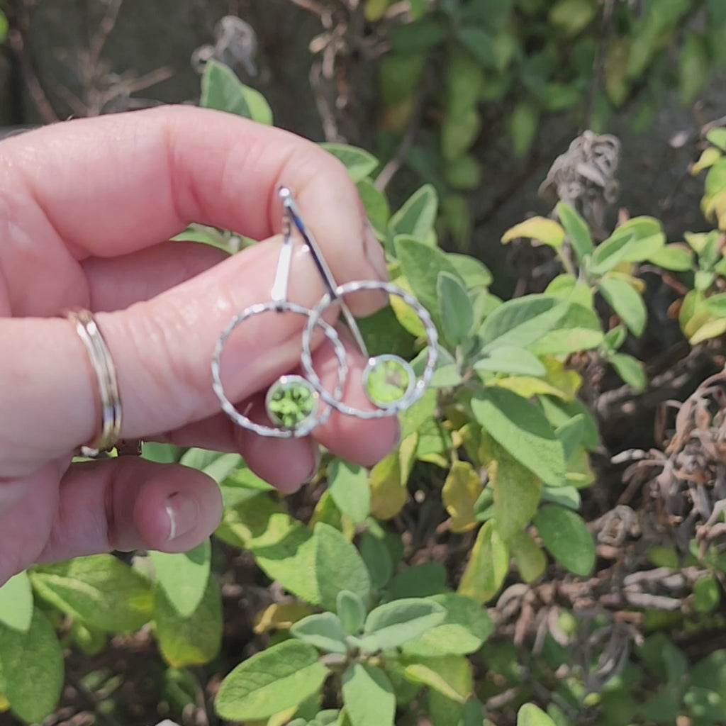 Handmade Sterling silver and Peridot (August birthstone) Circle drop earrings. Free UK postage.
