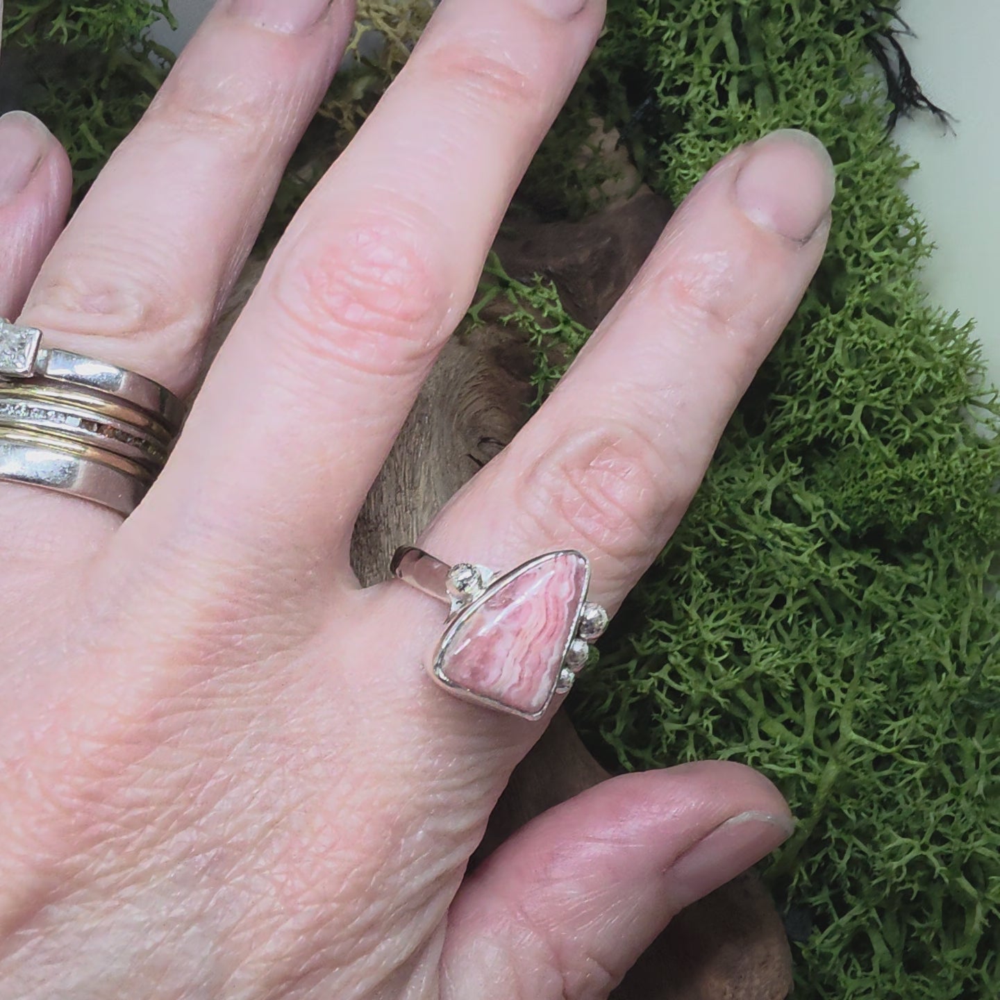 Pink Rhodochrosite Sterling Silver Ring – Handmade Statement Ring