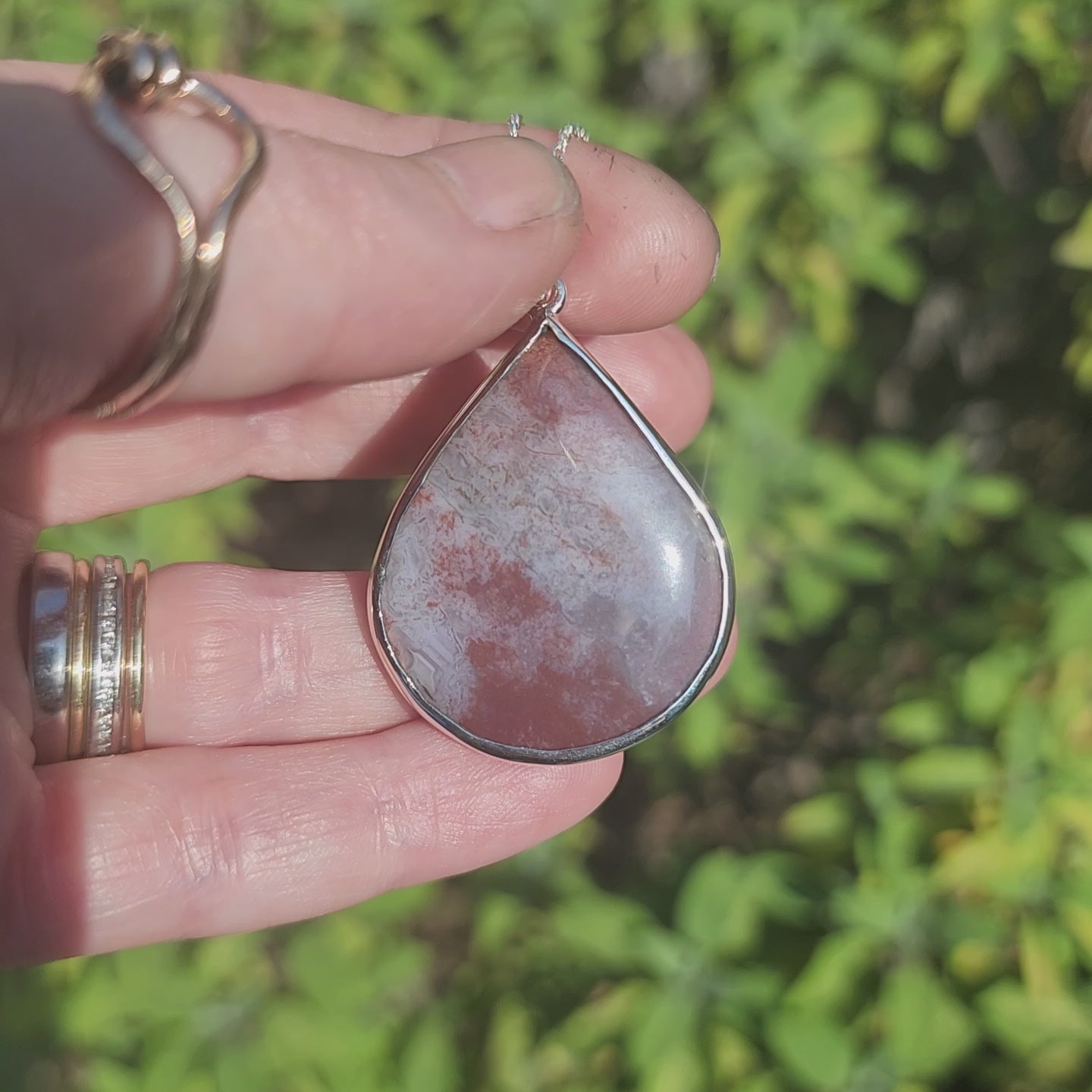 Sterling Silver Large Pear Shape Red Moss Agate Pendant
