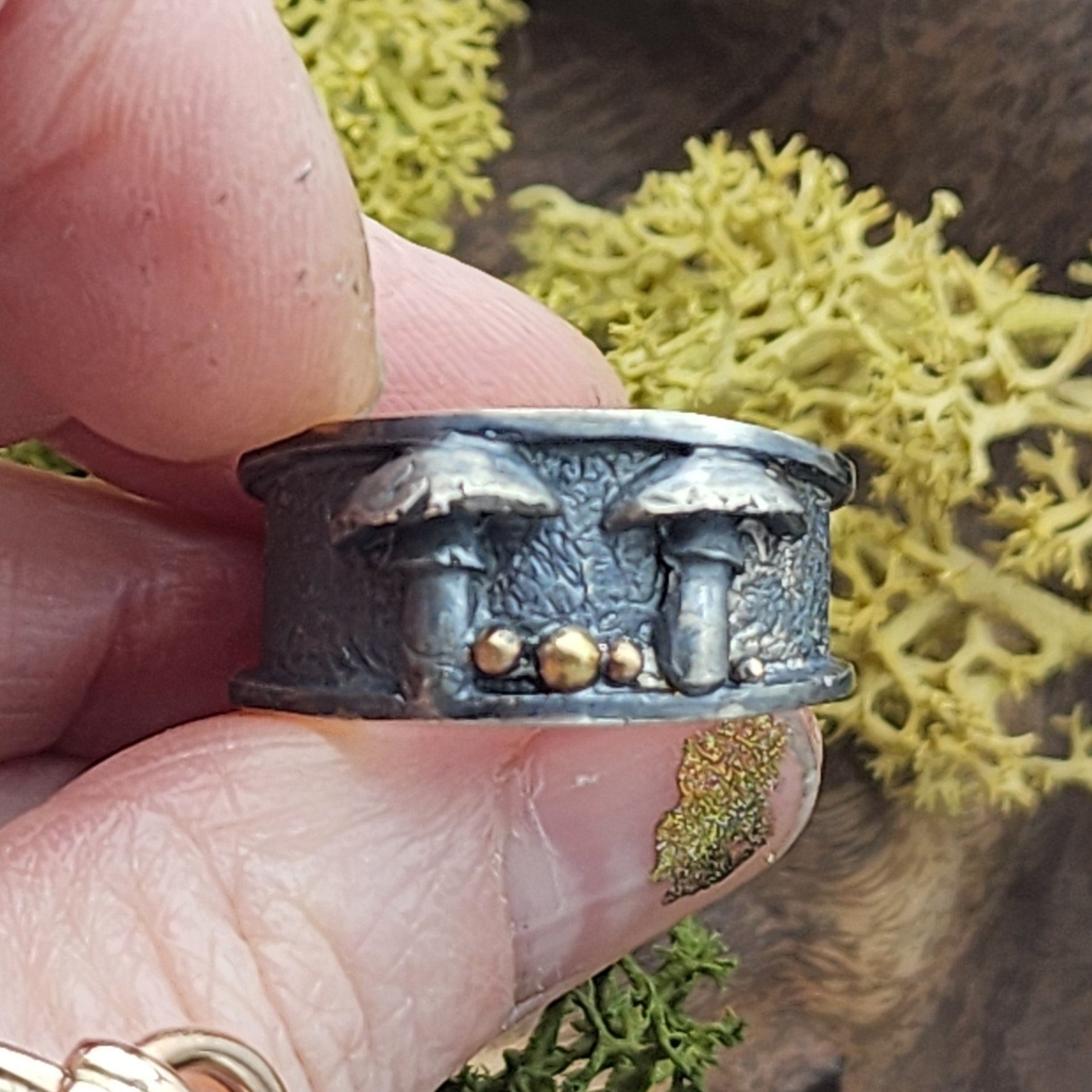 Silver mushroom Forest floor ring, handmade with gold granulation. Only one available