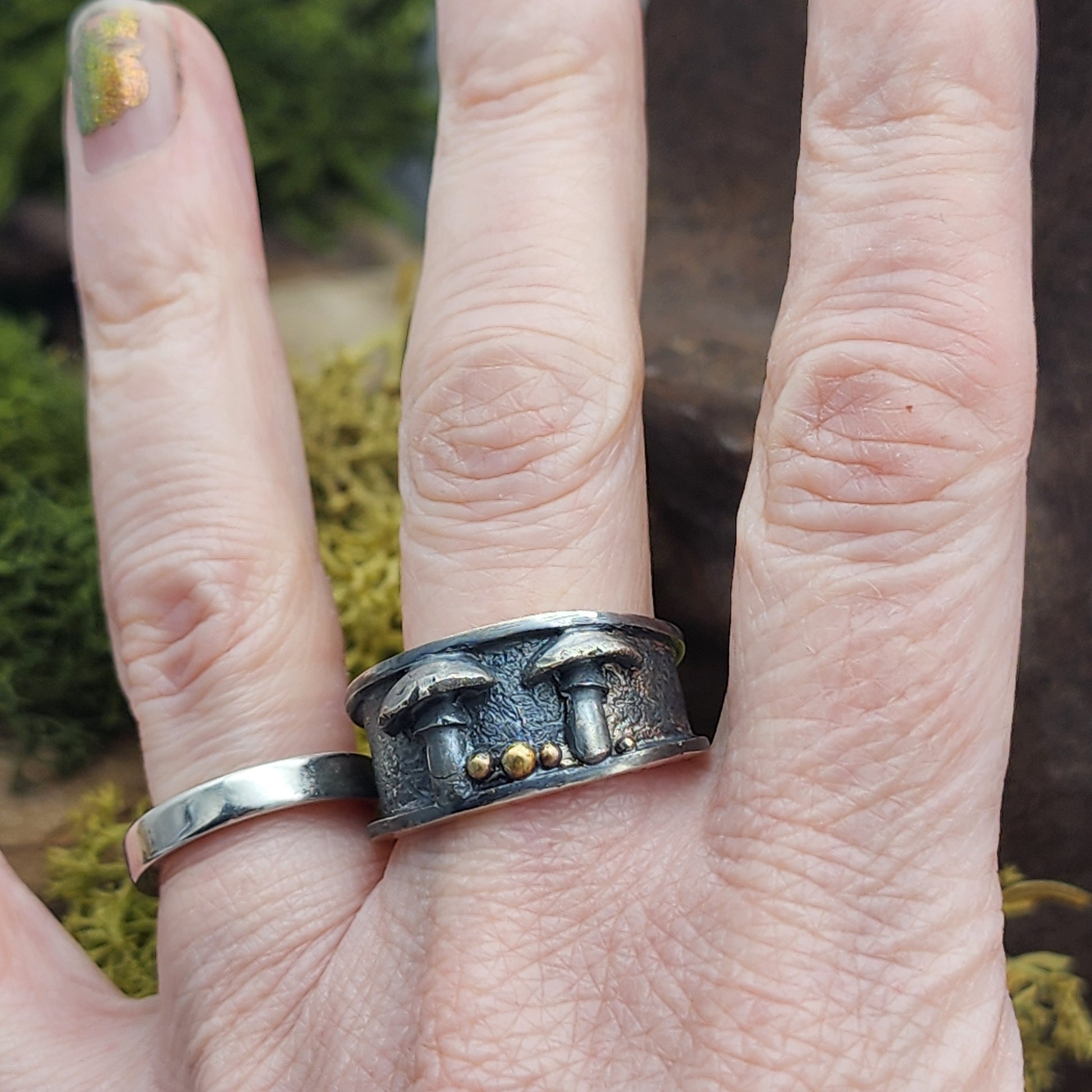 Silver mushroom Forest floor ring, handmade with gold granulation. Only one available
