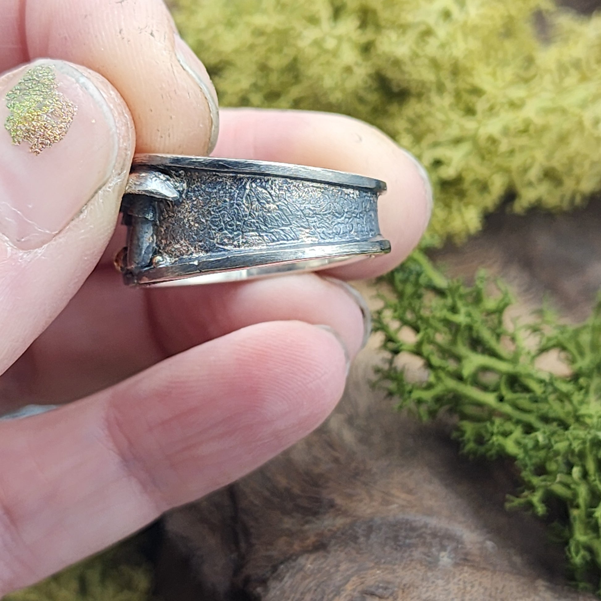 Silver mushroom Forest floor ring, handmade with gold granulation. Only one available