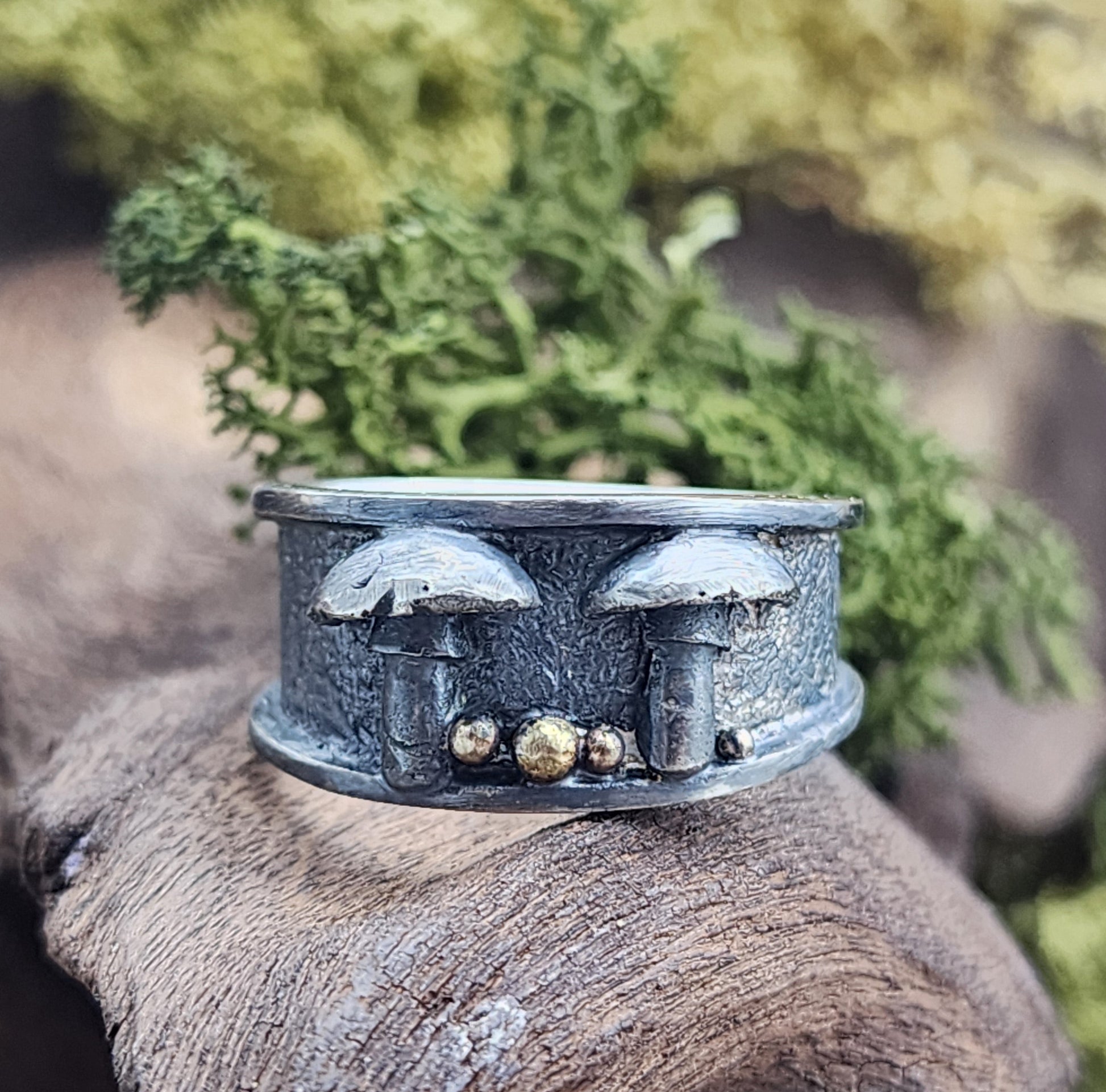 Silver mushroom Forest floor ring, handmade with gold granulation. Only one available
